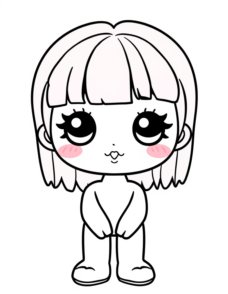 illustration of kawaii Love heart face kawaii girl doll standing protrait large round eyes framed by long rounded eyelashes without eyebrows. Pink Lips. Pink hair with a pink fringe covering her foreh