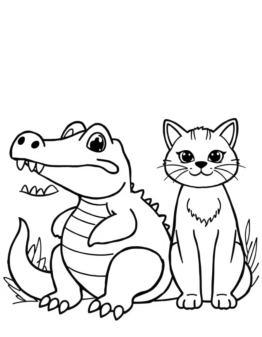 a cute crocodile next to a fat cat