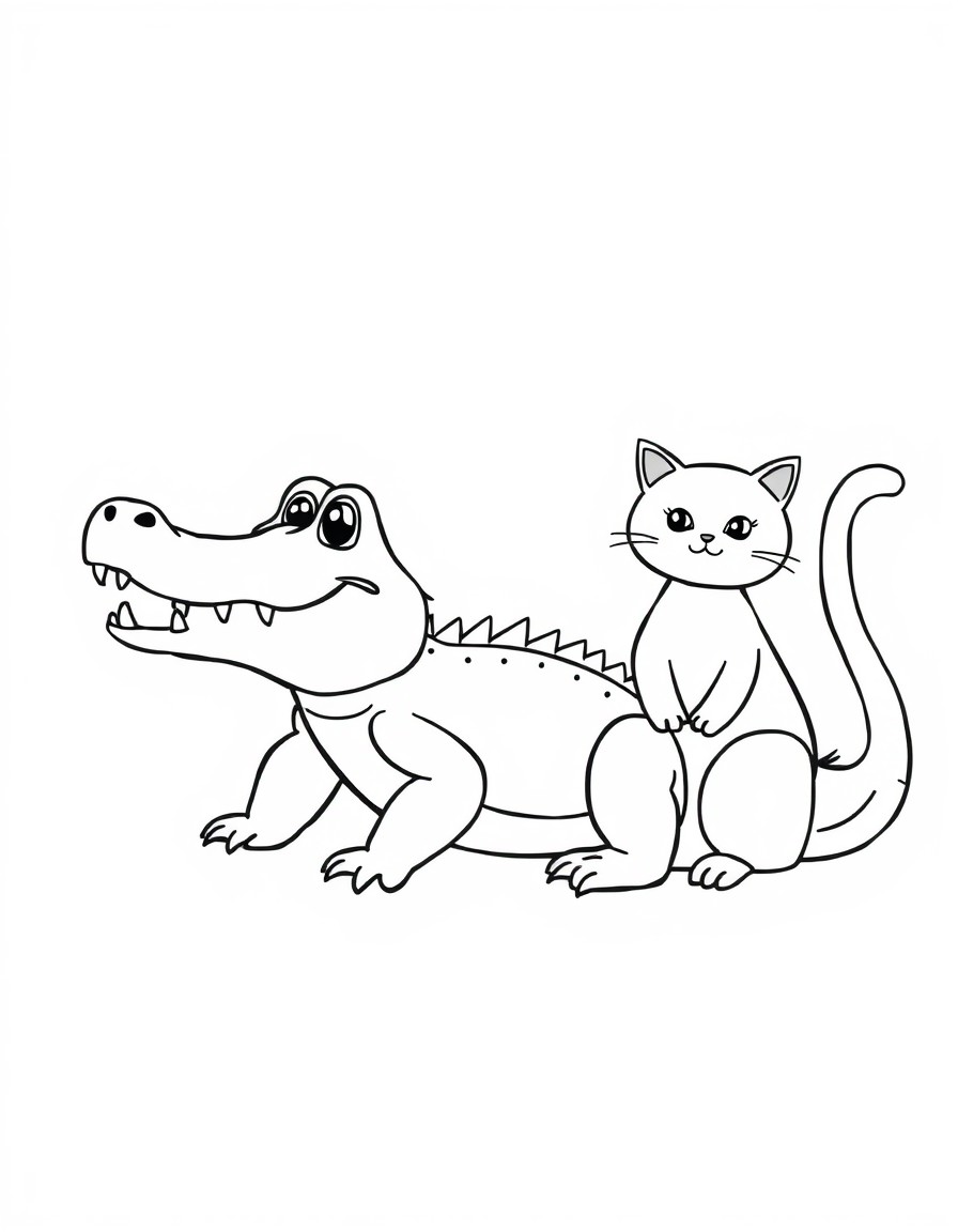 a cute crocodile next to a fat cat