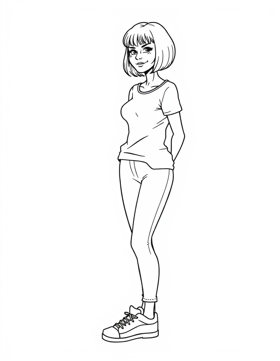 A 64 year old thin lady with short bob hair cut abd sneakers