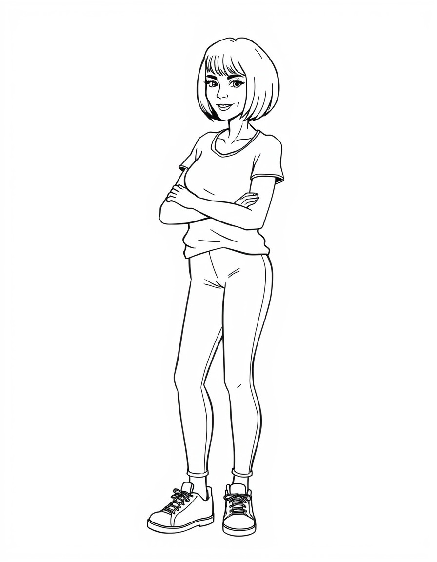 A 64 year old thin lady with short bob hair cut abd sneakers