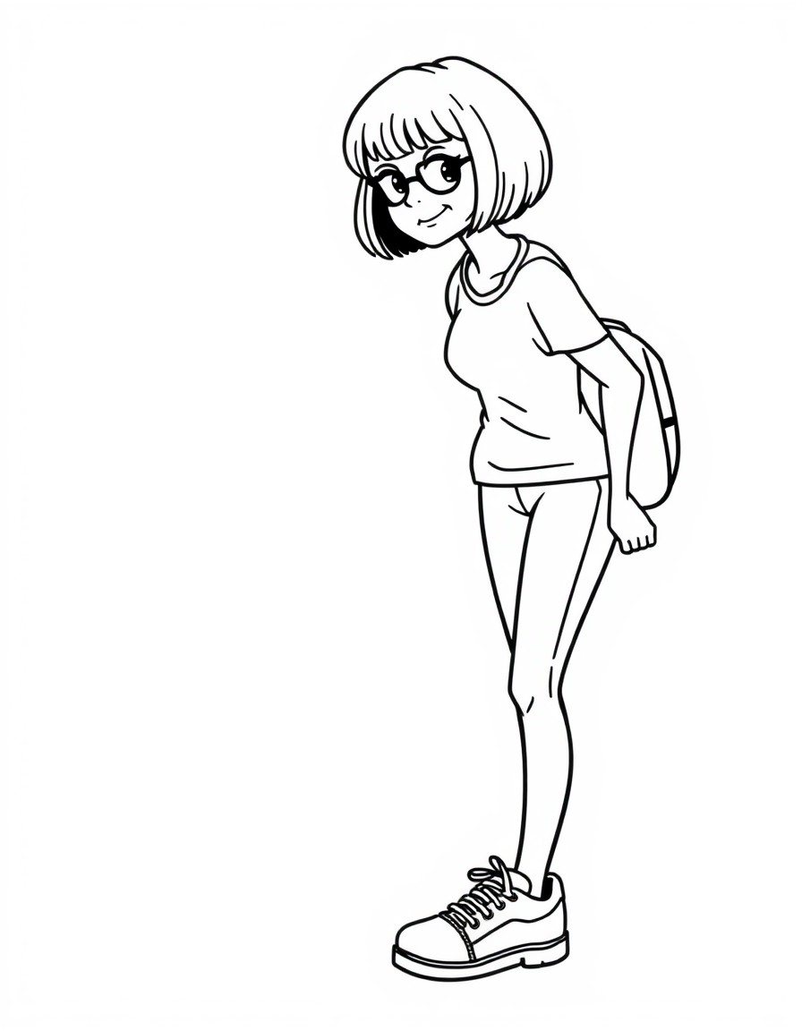 A 64 year old thin lady with short bob hair cut abd sneakers