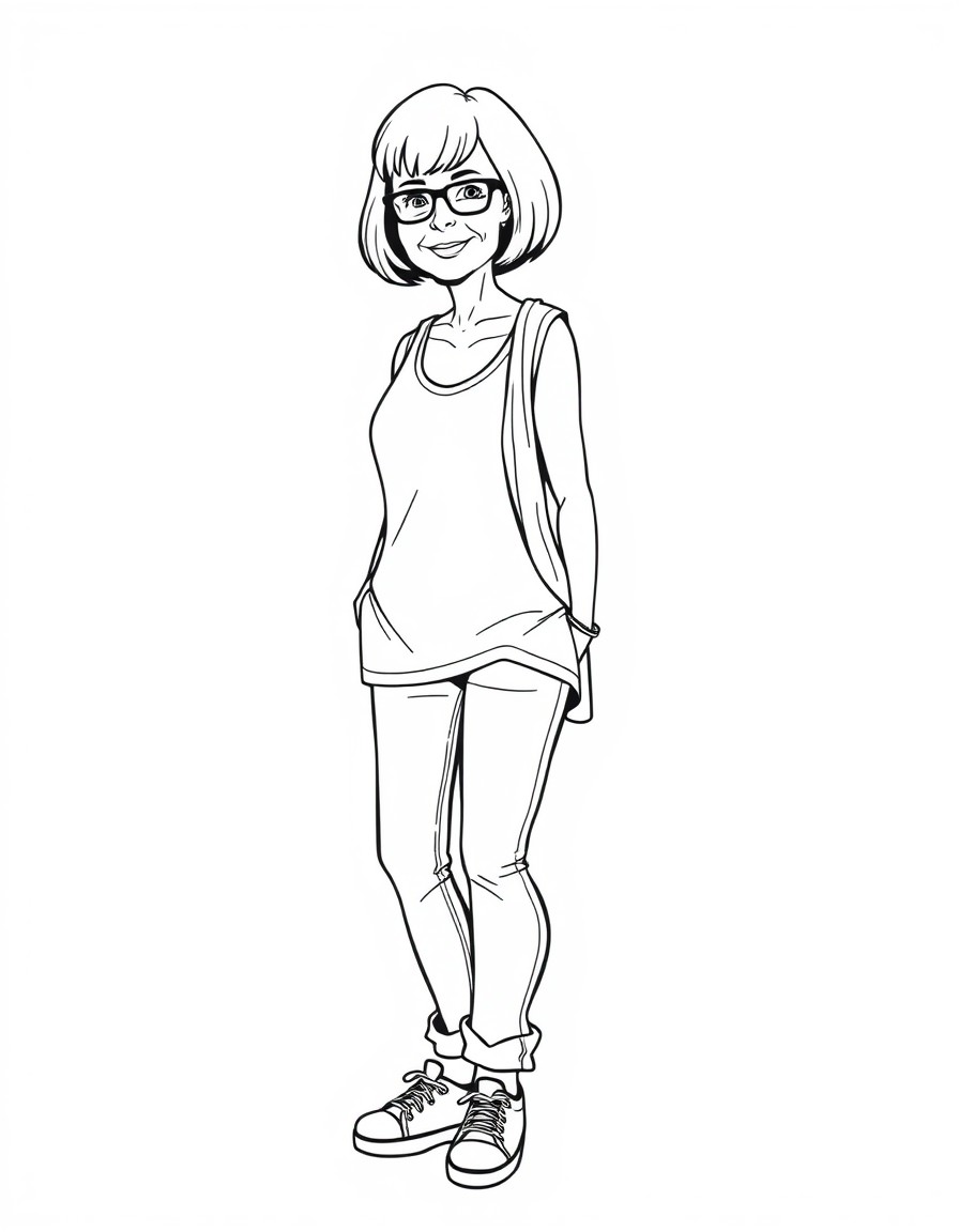 A 64 year old thin lady with short bob hair cut abd sneakers. She wears a jeans wich is a bit loose and a long top with a short sleeveless sweather . No glasses