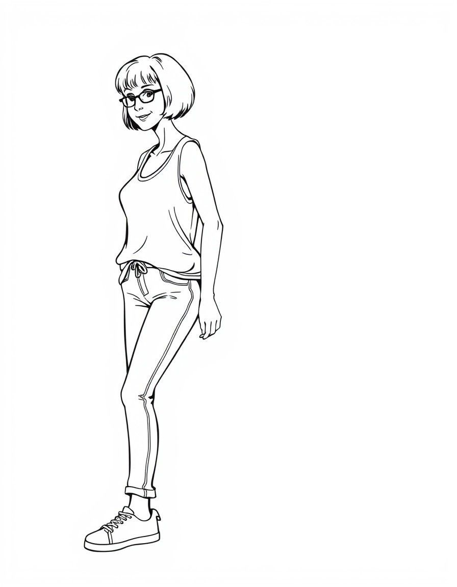 A 64 year old thin lady with short bob hair cut abd sneakers. She wears a jeans wich is a bit loose and a long top with a short sleeveless sweather . No glasses