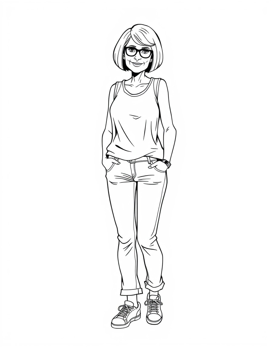 A 64 year old thin lady with short bob hair cut abd sneakers. She wears a jeans wich is a bit loose and a long top with a short sleeveless sweather . No glasses