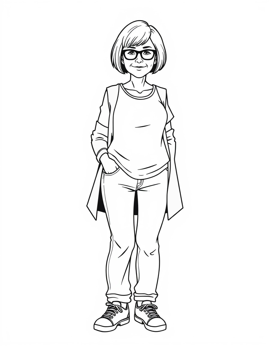 A 64 year old thin lady with short bob hair cut abd sneakers. She wears a jeans wich is a bit loose and a long top with a short sleeveless sweather . No glasses