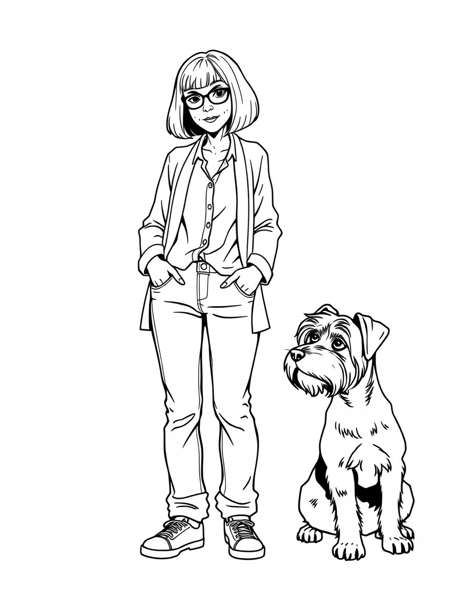 A thin 64-year-old woman with a bob haircut - no bangs or glasses. The woman is wearing slightly loose jeans a long shirt and a cardigan. She is wearing sneakers. She has a small terrier dog with larg