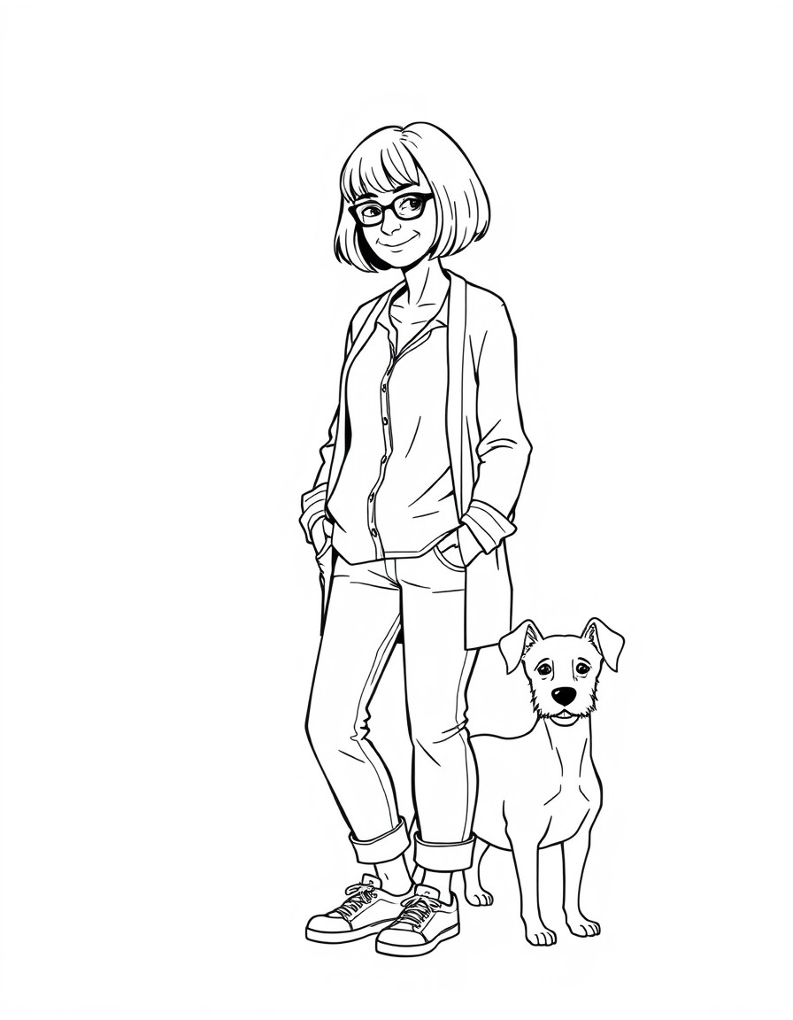 A thin 64-year-old woman with a bob haircut - no bangs or glasses. The woman is wearing slightly loose jeans a long shirt and a cardigan. She is wearing sneakers. She has a small terrier dog with larg