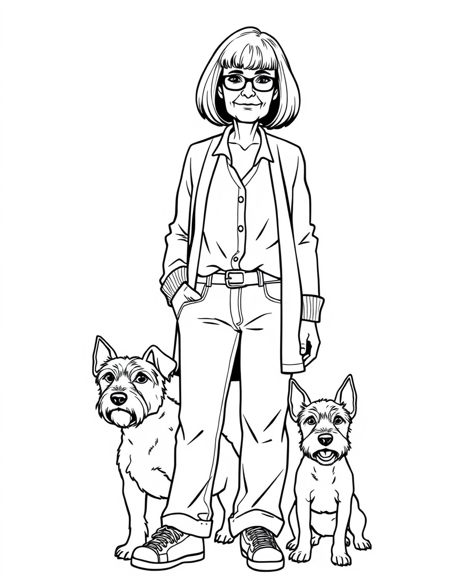 A thin 64-year-old woman with a bob haircut - no bangs or glasses. The woman is wearing slightly loose jeans a long shirt and a cardigan. She is wearing sneakers. She has a small terrier dog with larg