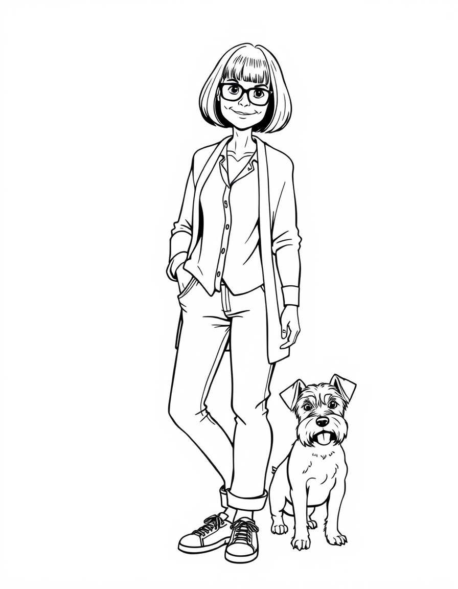 A thin 64-year-old woman with a bob haircut - no bangs or glasses. The woman is wearing slightly loose jeans a long shirt and a cardigan. She is wearing sneakers. She has a small terrier dog with larg