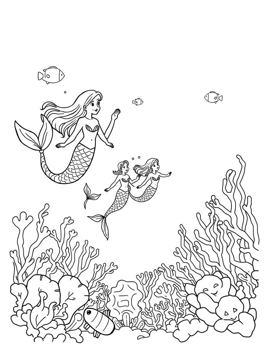 A family of mermaids swimming in a coral reef.