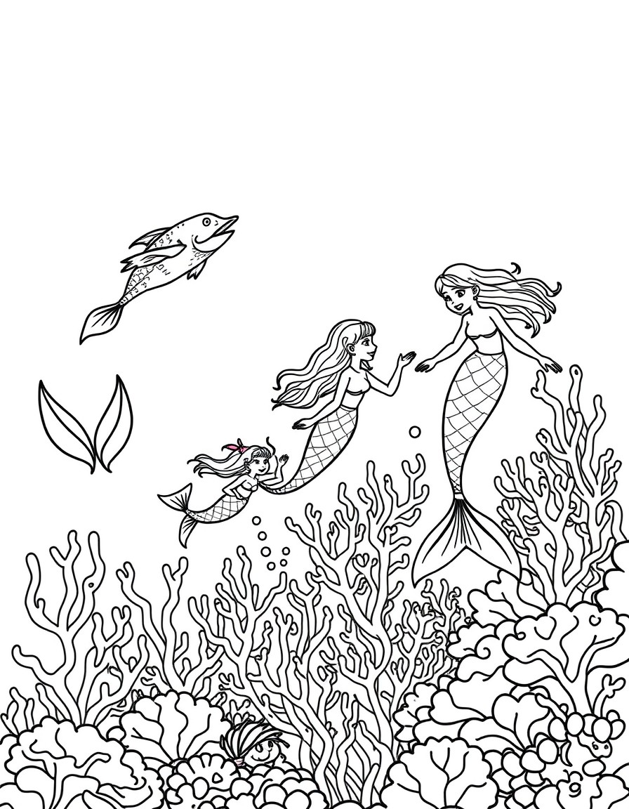 A family of mermaids swimming in a coral reef.