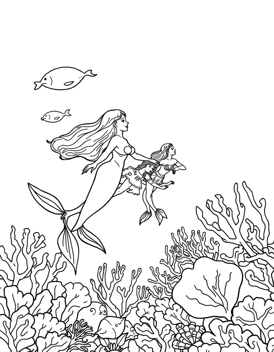 A family of mermaids swimming in a coral reef.