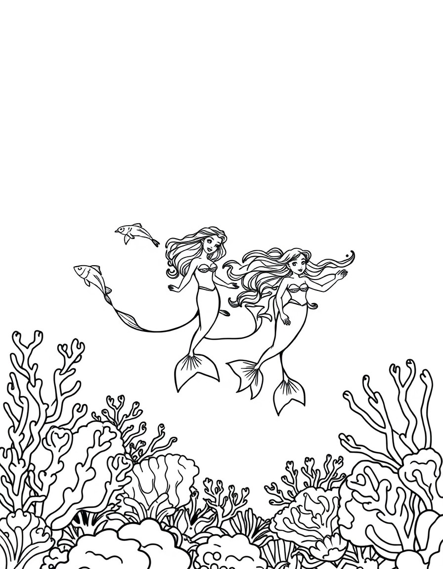 A family of mermaids swimming in a coral reef.