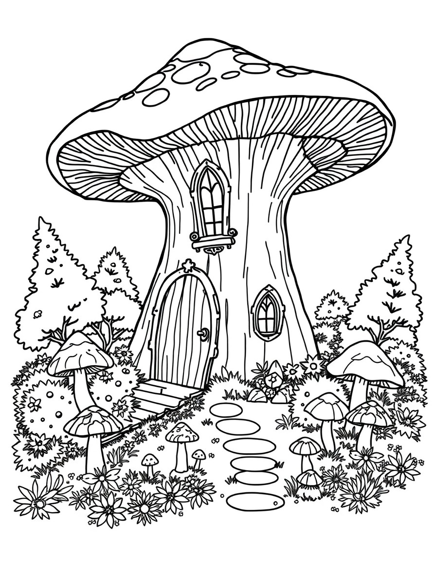 a gigantic mushroom house, surrounded by bushes and tiny mushrooms