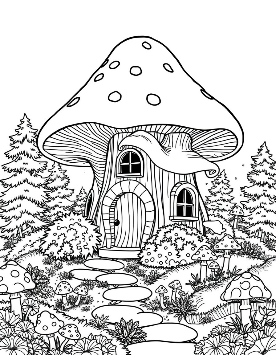 a gigantic mushroom house, surrounded by bushes and tiny mushrooms