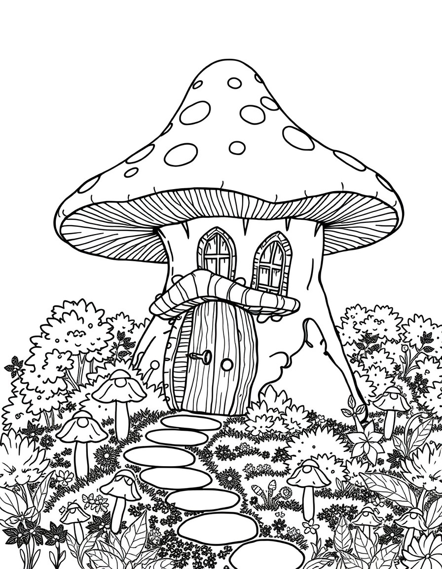 a gigantic mushroom house, surrounded by bushes and tiny mushrooms