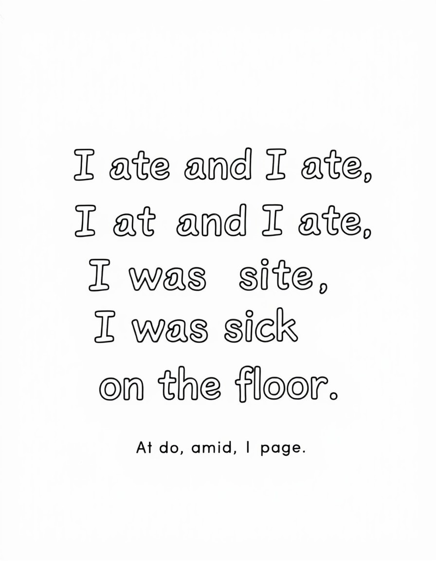 Something to represent the rhyming phrase "I ate and I ate, I was sick on the floor. 8x864". Include the text on the page.