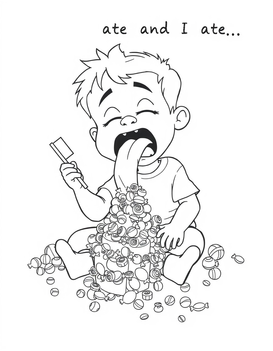 An image of a boy eating masses of food and candy and vomiting on the floor. Put a title of the words "I ate and I ate..." and at the bottom of the page write "8x864"