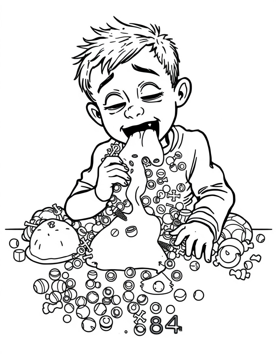 An image of a boy eating masses of food and candy and vomiting on the floor. Put a title of the words "I ate and I ate..." and at the bottom of the page write "8x864"