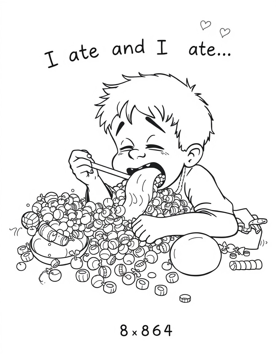 An image of a boy eating masses of food and candy and vomiting on the floor. Put a title of the words "I ate and I ate..." and at the bottom of the page write "8x864"