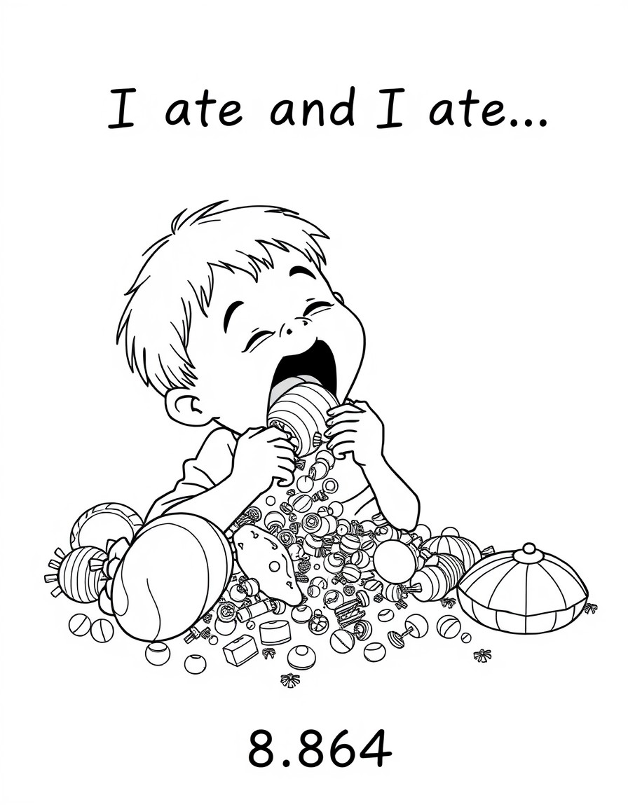 An image of a boy eating masses of food and candy and vomiting on the floor. Put a title of the words "I ate and I ate..." and at the bottom of the page write "8x864"