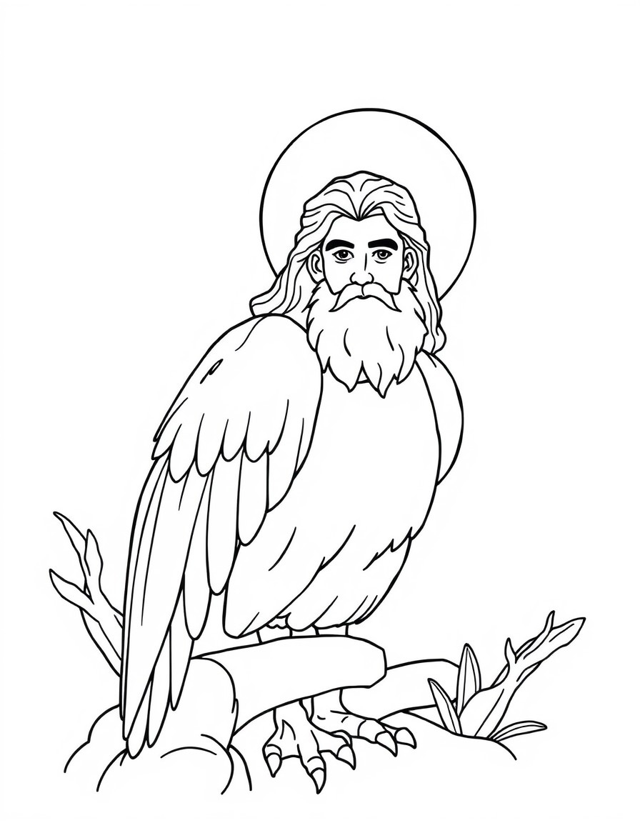 crie uma imagem da parte em que diz "O quinto dia  Deus criou os animais marinhos e as aves dos cus" somente com traados pretos, sem sombras. Inclua a imagem de Deus com aparncia feliz e fofa para cri