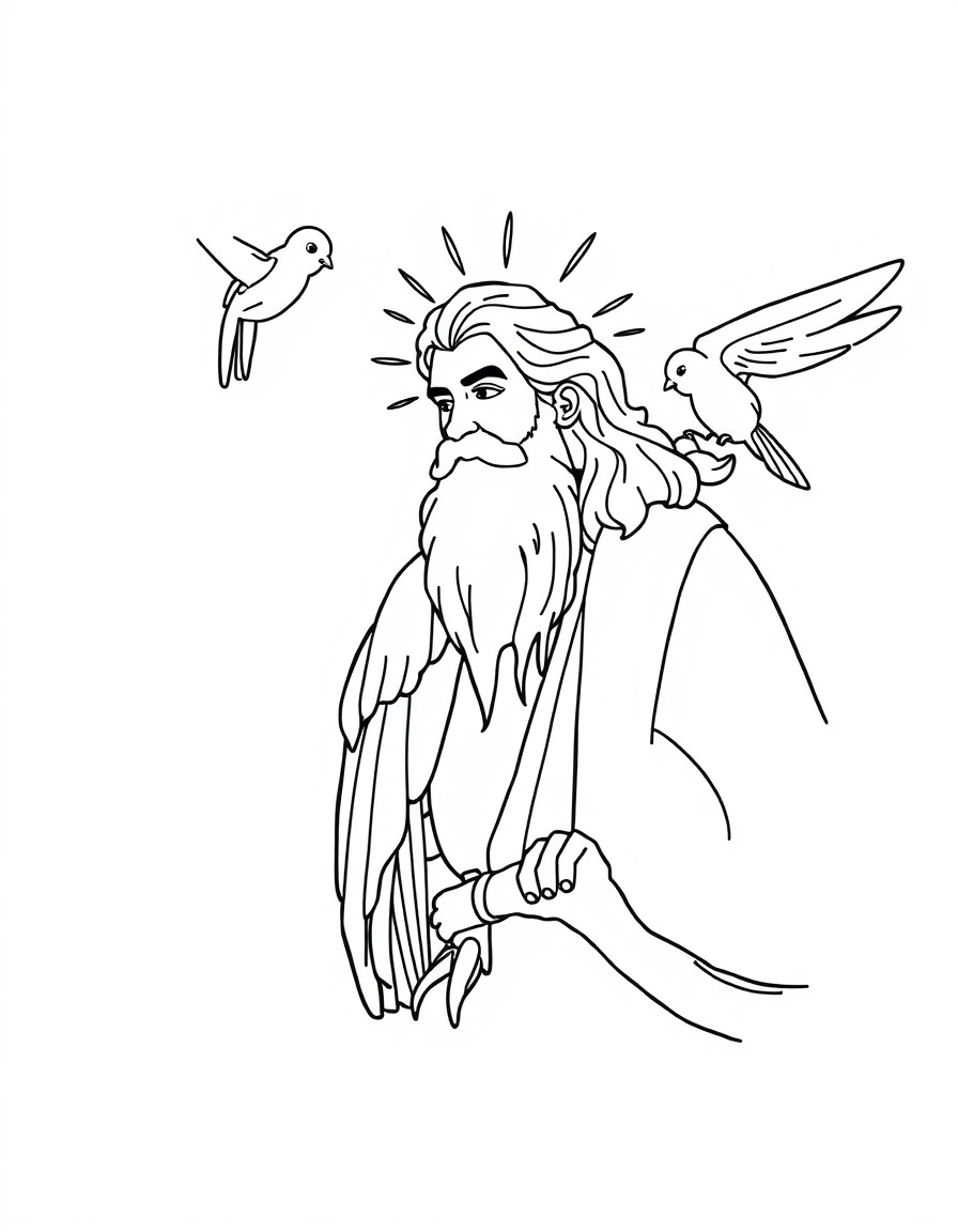 crie uma imagem da parte em que diz "O quinto dia  Deus criou os animais marinhos e as aves dos cus" somente com traados pretos, sem sombras. Inclua a imagem de Deus com aparncia feliz e fofa para cri