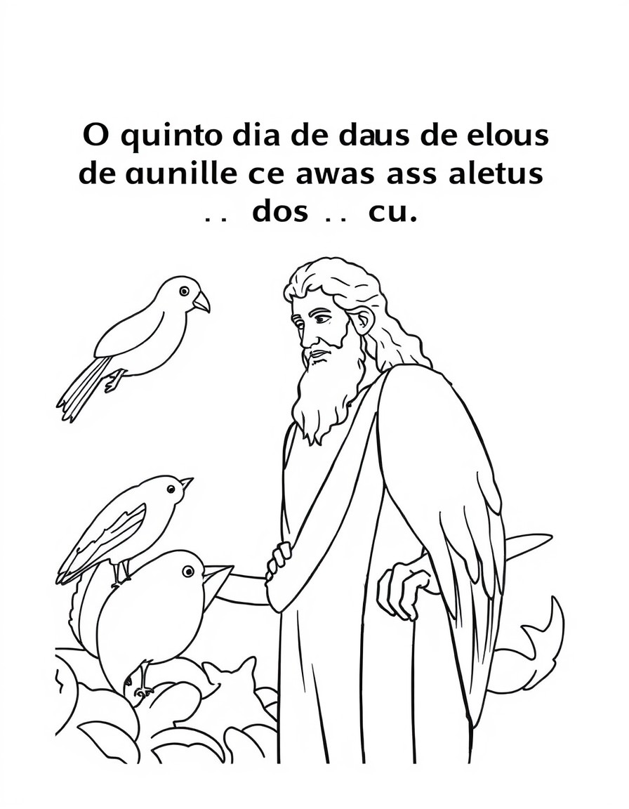 crie uma imagem da parte em que diz "O quinto dia  Deus criou os animais marinhos e as aves dos cus" somente com traados pretos, sem sombras. Inclua a imagem de Deus com aparncia feliz e fofa para cri