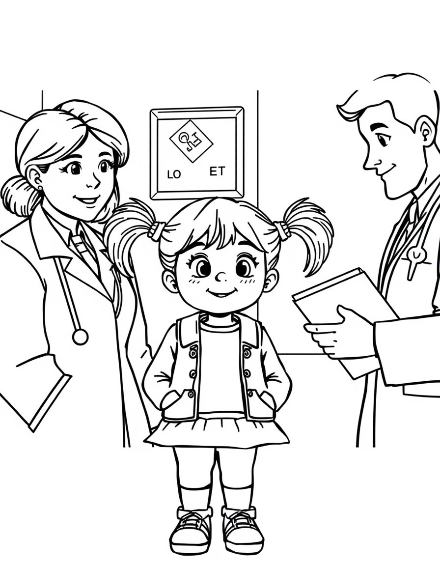 5 year old girl with pigtails at the doctor office with parent and male doctor with a clipboard