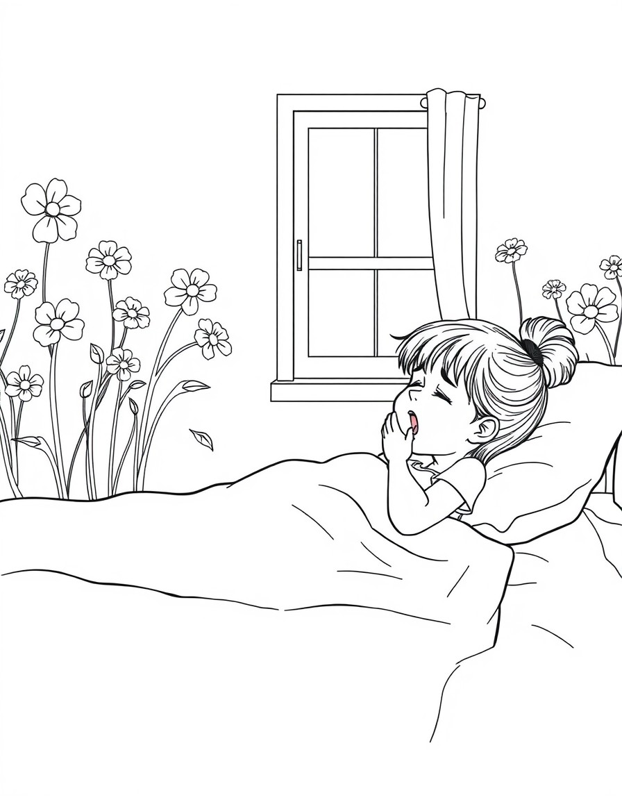 5 year old girl laying in bed entire bed seen in bedroom with flowers painted on the wall. The little girl is tired and yawning as she is sitting in bed about to fall asleep. Theres a window in her ro