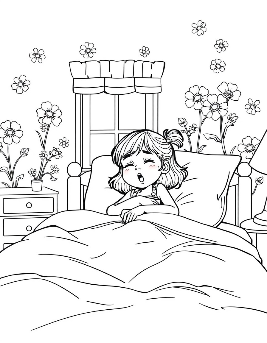 5 year old girl laying in bed entire bed seen in bedroom with flowers painted on the wall. The little girl is tired and yawning as she is sitting in bed about to fall asleep. Theres a window in her ro