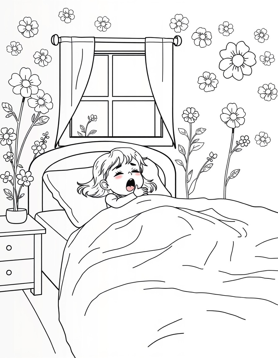 5 year old girl laying in bed entire bed seen in bedroom with flowers painted on the wall. The little girl is tired and yawning as she is sitting in bed about to fall asleep. Theres a window in her ro
