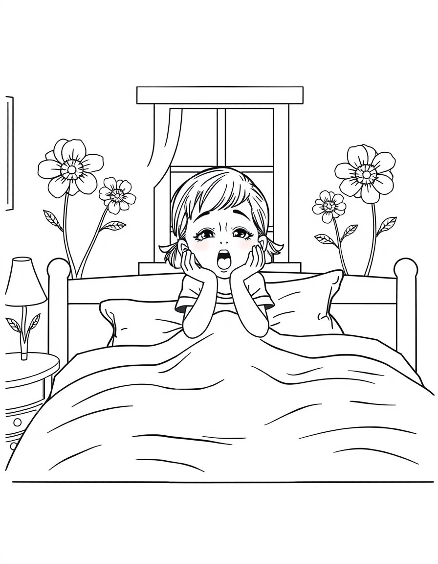 5 year old girl laying in bed entire bed seen in bedroom with flowers painted on the wall. The little girl is tired and yawning as she is sitting in bed about to fall asleep. Theres a window in her ro