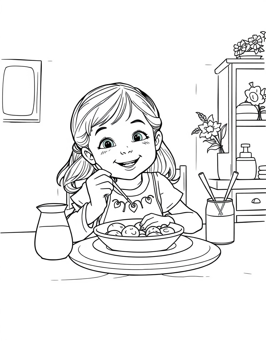 5 year old girl sitting at the dining room table eating breakfast smiling