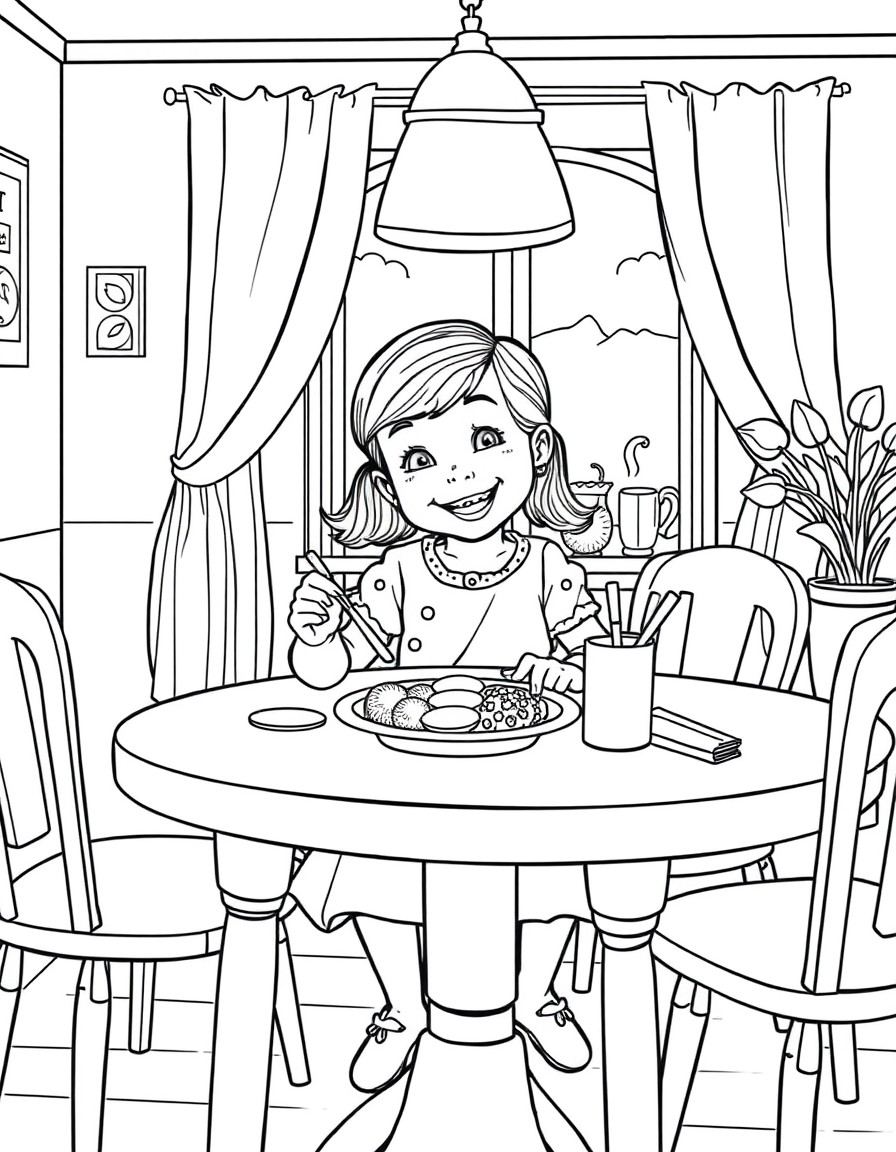 5 year old girl sitting at the dining room table eating breakfast smiling