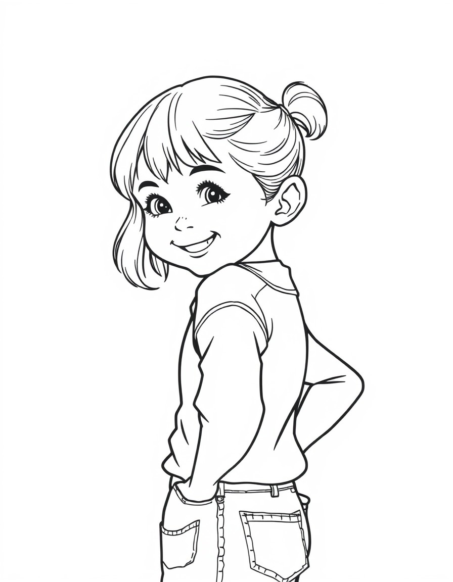 5 year old girl smiling hands on her hips turns slightly to the side