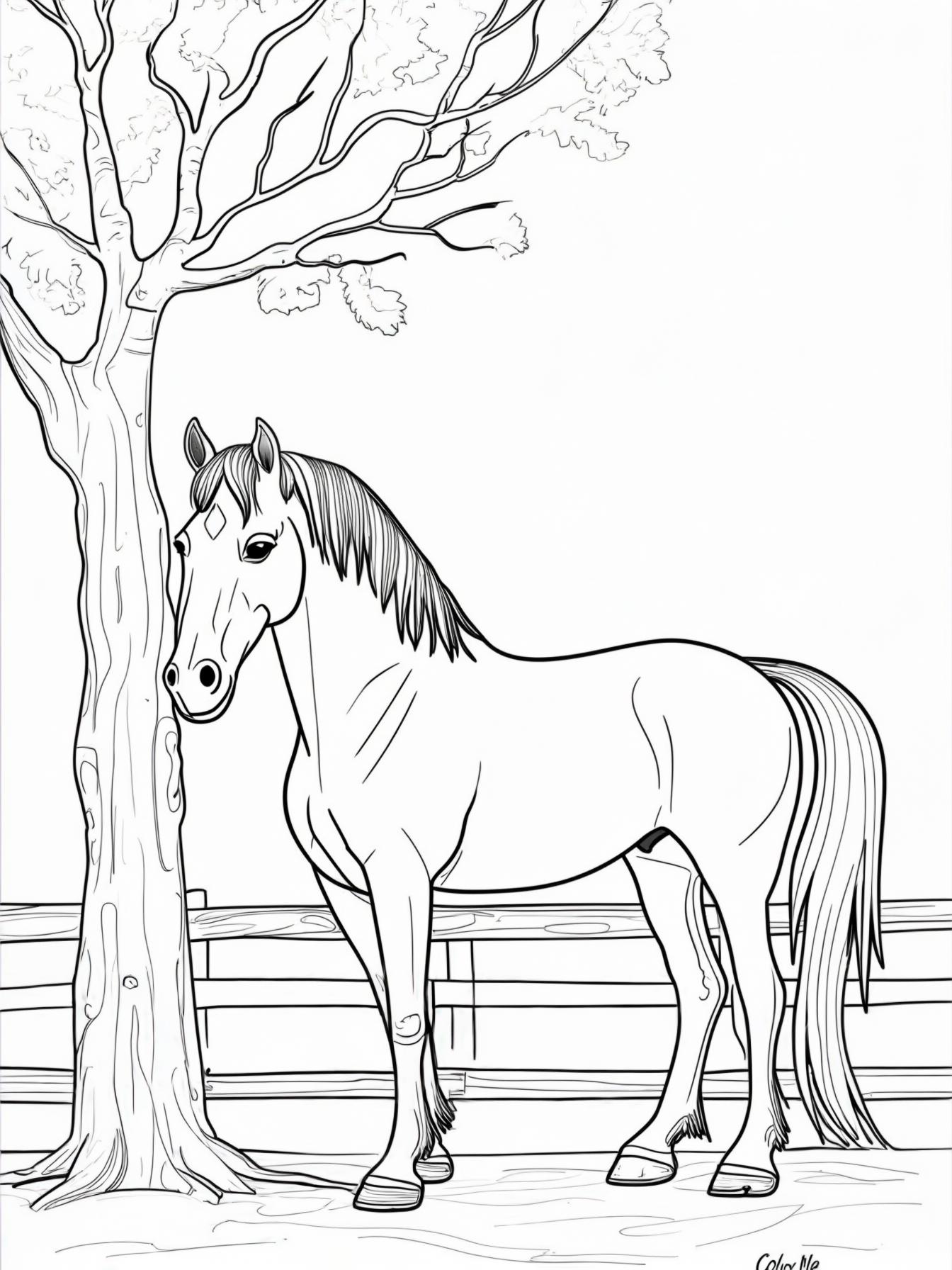 Horse standing beside a wooden fence under a tree, black and white coloring book style