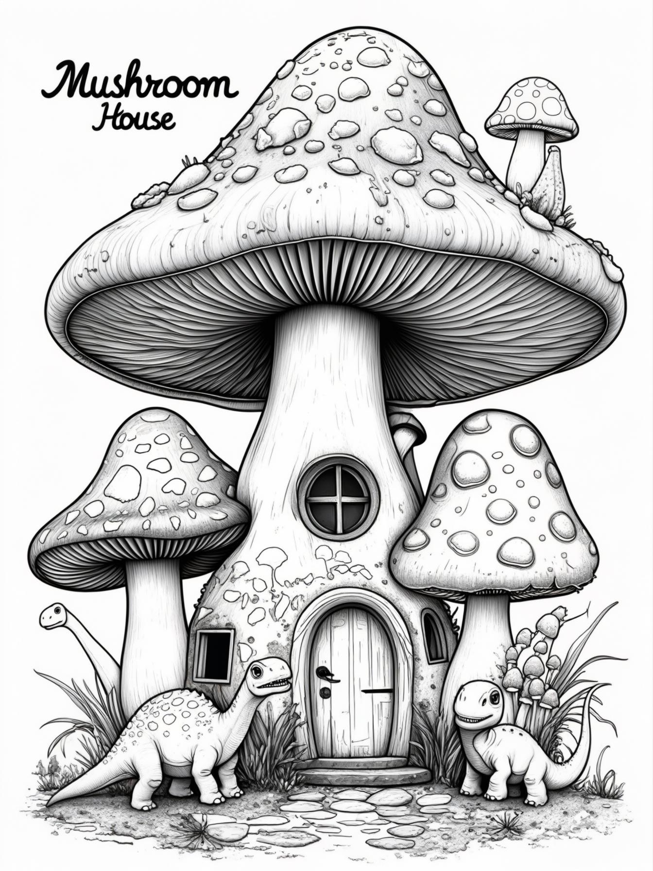 mushroom house with cute tiny dinosaurs outsid