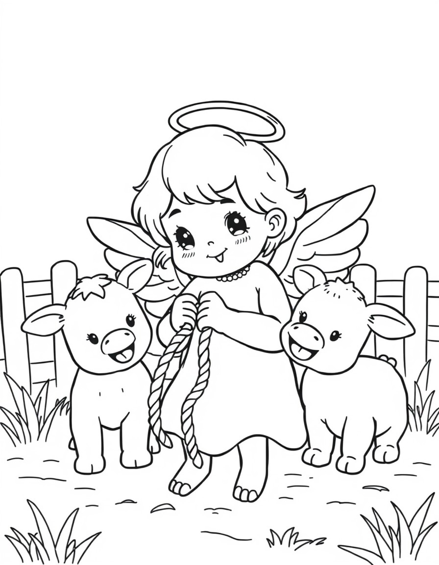 cute little angel rope cuddle at farm with her friends