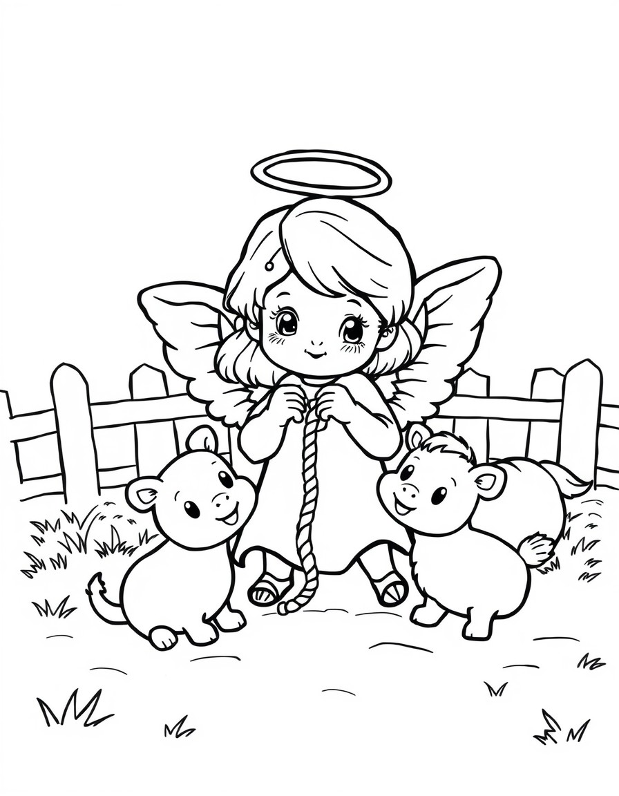 cute little angel rope cuddle at farm with her friends