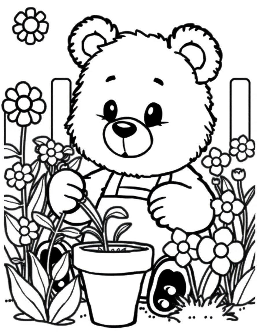 Cute bear making a garden