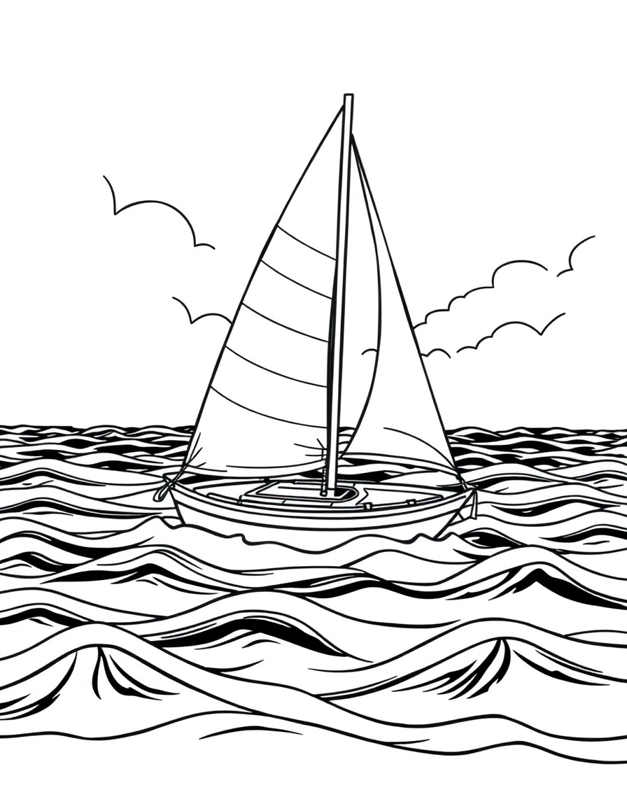 A sailboat on wavy water.