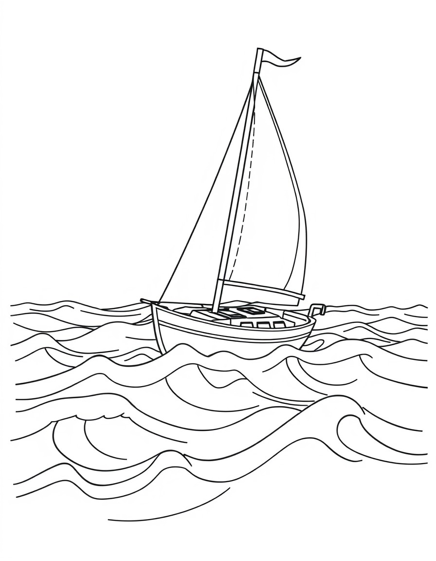 A sailboat on wavy water.