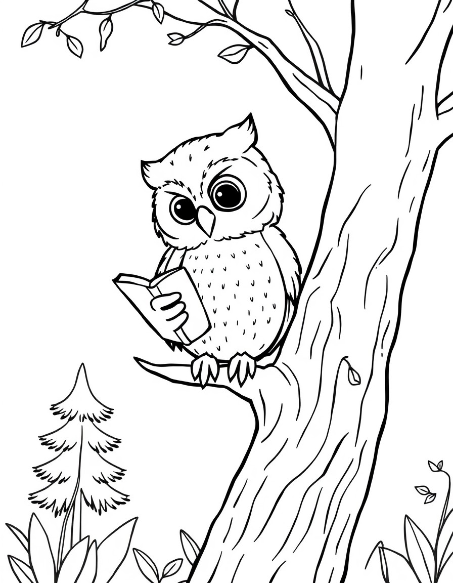 a beautiful tiny cute owl standing on a tree in the forest reading a book