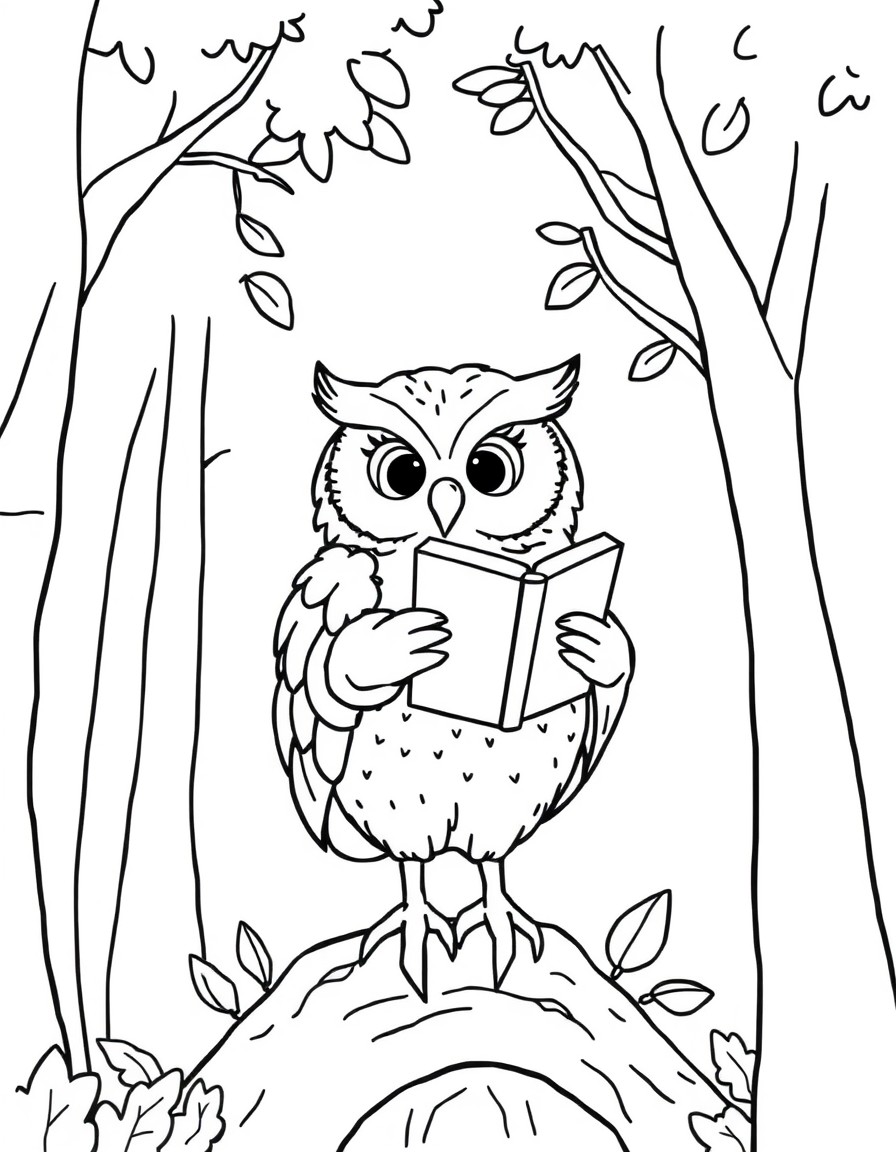 a beautiful tiny cute owl standing on a tree in the forest reading a book