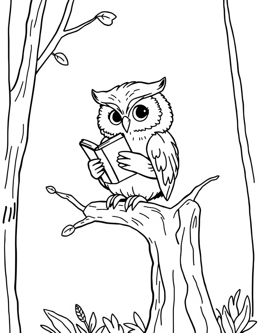 a beautiful tiny cute owl standing on a tree in the forest reading a book