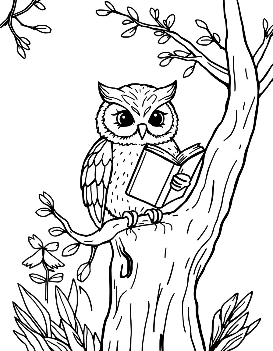 a beautiful tiny cute owl standing on a tree in the forest reading a book