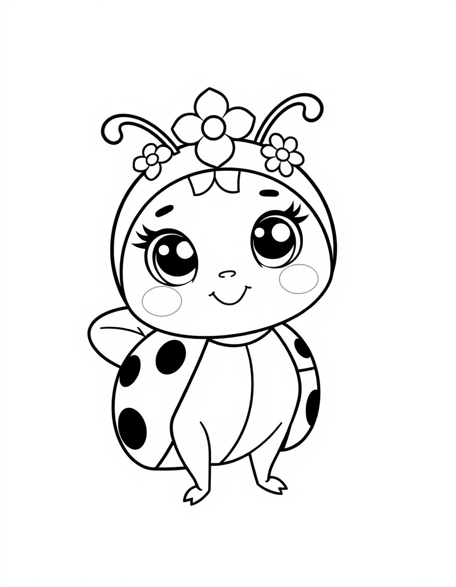 Certainly!  Name Lulu the Ladybug  Description Lulu is a bright red ladybug with black spots, big, expressive eyes, and black antennae. She wears a flower crown and carries a little leaf backpack. Lul