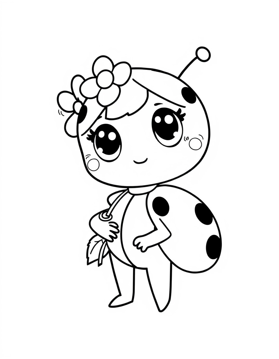 Certainly!  Name Lulu the Ladybug  Description Lulu is a bright red ladybug with black spots, big, expressive eyes, and black antennae. She wears a flower crown and carries a little leaf backpack. Lul